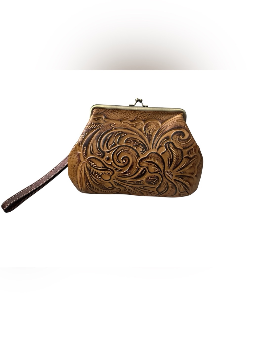 Patricia Nash Savena Wristlet Clutch Boho Western Tooled Kiss-lock Leather Bag - Picture 3 of 13